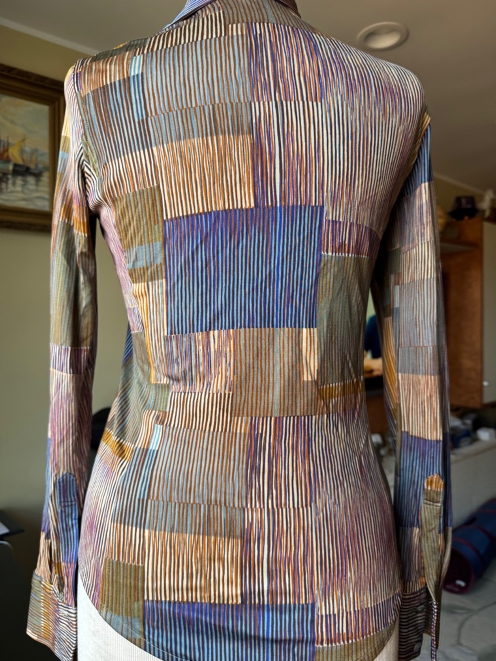 Multi-Color Italian Striped Patchwork Button-Down Blouse - Picture 3 of 5